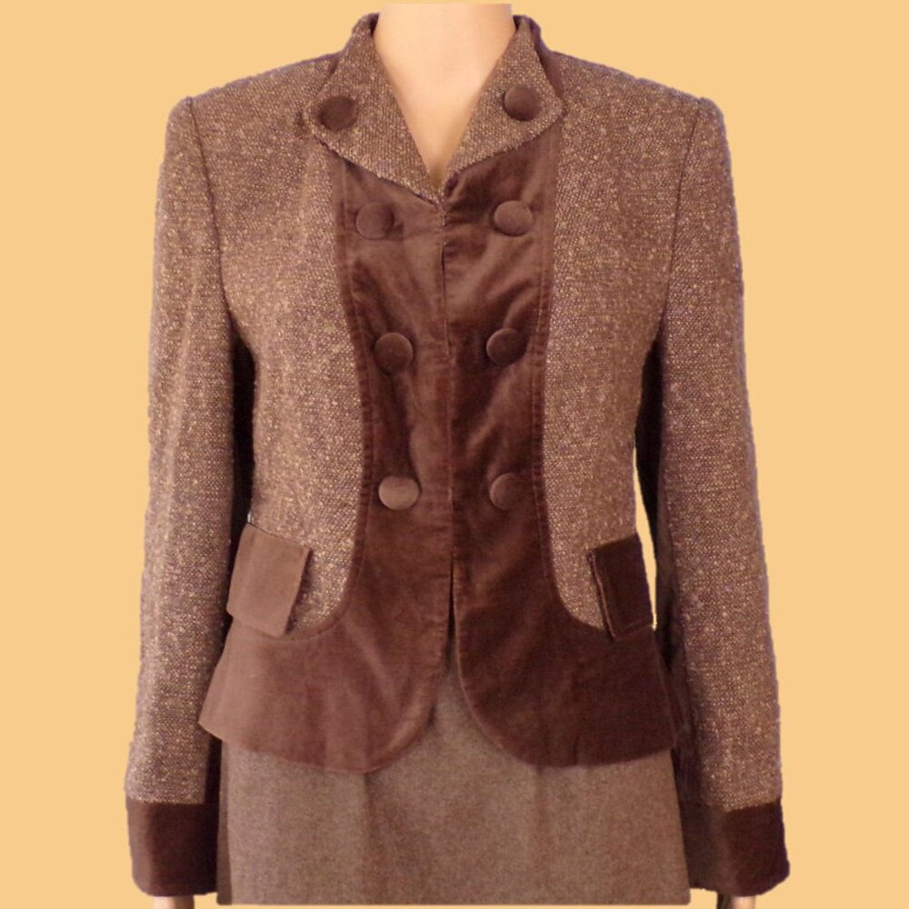 BOSTON DESIGN STUDIO size 8 brown tweed & velvet blazer dry clean only